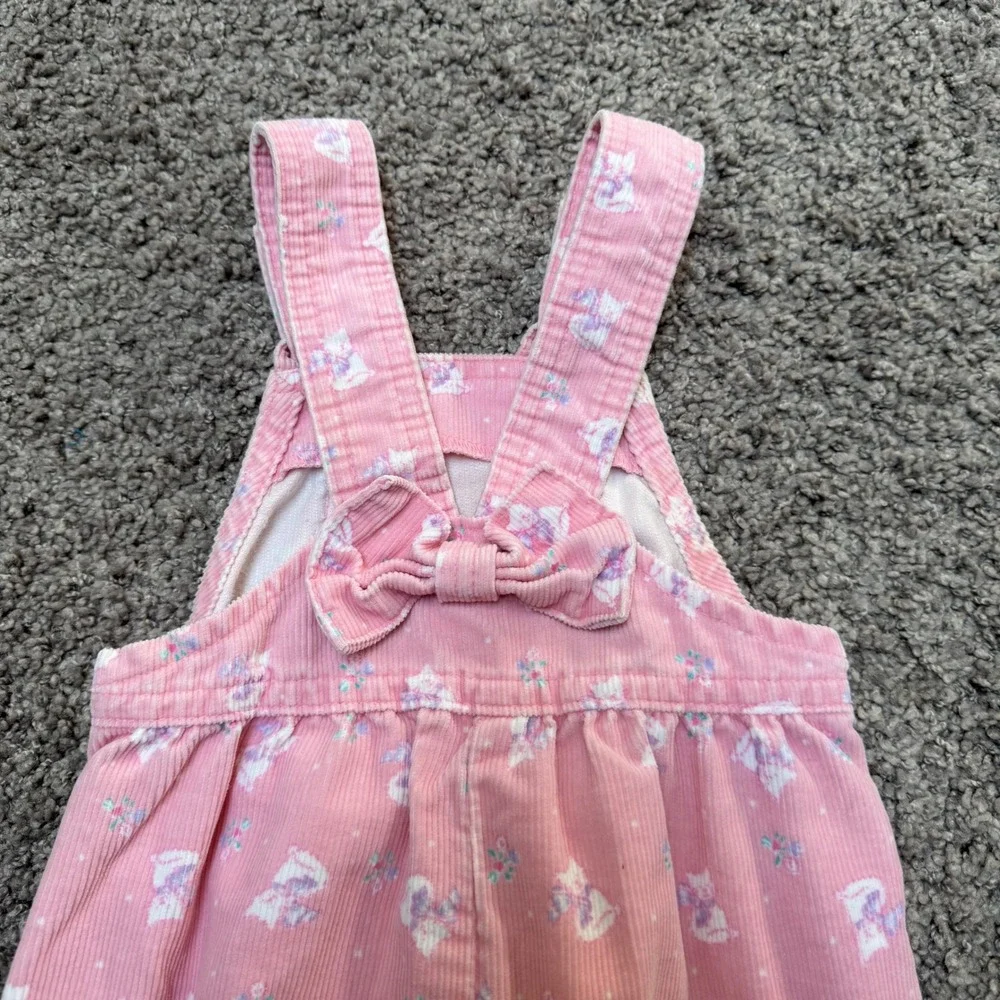 Vintage OshKosh B'gosh Kitten Print Cat Pink Corduroy Overalls Bow Baby Girl 12M